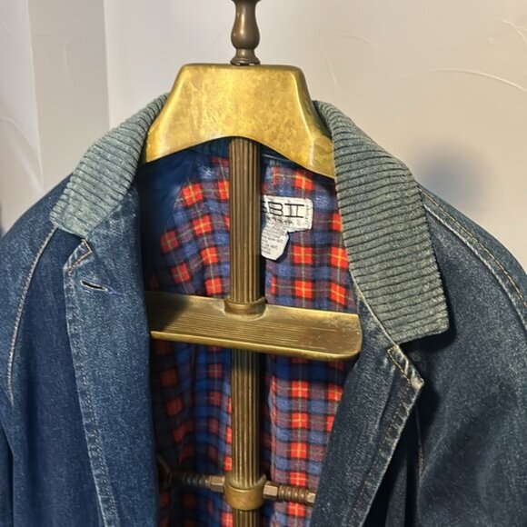 VINTAGE SBII Denim Trench Coat Flannel Lining Corduroy Trim - Picture 4 of 6